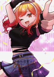  1girl alternate_costume arm_warmers black_arm_warmers black_shirt blue_skirt commentary_request demon_horns highres hololive hololive_dev_is horns ichijou_ririka looking_at_viewer medium_hair open_mouth orange_eyes orange_hair pointing pointing_at_viewer shirt skirt smile solo virtual_youtuber yokuto 