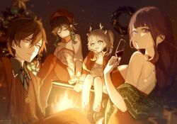  2boys 2girls absurdres alternate_costume back blunt_bangs brown_eyes brown_hair christmas christmas_tree commentary crossed_legs cup dress drinking_glass fire from_behind from_side fruct0se_fa genshin_impact glowing green_eyes green_hair grey_hair hair_between_eyes happy highres holding indoors long_hair long_sleeves looking_at_another looking_at_viewer looking_down looking_to_the_side looking_up multiple_boys multiple_girls nahida_(genshin_impact) open_mouth purple_hair raiden_shogun red_dress shade short_hair side_ponytail sitting smile suit sweater tree venti_(genshin_impact) violet_eyes wine_glass zhongli_(genshin_impact) 