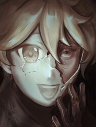  1boy aether_(genshin_impact) blonde_hair braid broken_mask brown_gloves cracked_kawaii_mask empty_eyes genshin_impact gloves grey_scarf hair_between_eyes hand_up highres leather leather_gloves long_hair looking_ahead male_focus mask open_mouth scarf single_braid smile solo tedlybinn teeth tongue upper_body watermark yellow_eyes yellow_pupils 