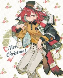  1girl alternate_costume arknights black_jacket breast_pocket brown_hat brown_shoes candy candy_cane checkered_clothes checkered_scarf christmas_tree_print collared_shirt colored_inner_hair commentary crownslayer_(arknights) diagonal-striped_background dopperu_ben food frown green_hair green_scarf hair_ornament hairclip hand_up hat highres holly_print hood hooded_jacket hyena_ears hyena_girl hyena_tail jacket long_sleeves looking_at_viewer merry_christmas multicolored_hair multicolored_scarf pants pocket red_eyes red_hair red_scarf scarf shirt shoes short_hair simple_background snowman solo striped_background striped_clothes striped_scarf symbol-only_commentary white_background white_pants white_scarf yellow_shirt 