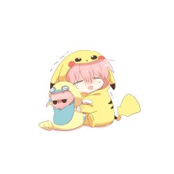 1girl bocchi_the_rock! chibi chibi_only closed_eyes commentary_request cosplay crying dunsparce dunsparce_(cosplay) full_body gotoh_hitori gotoh_hitori_(tsuchinoko) hood hood_up kigurumi long_sleeves open_mouth pikachu pikachu_(cosplay) pink_hair pokemon rebecca_(keinelove) simple_background sitting tears trembling white_background 