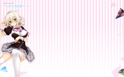  1girl blush breasts collared_shirt copyright_name grey_hair grey_skirt hair_between_eyes highres large_breasts looking_at_viewer medium_hair nora_to_oujo_to_noraneko_heart official_art oozora_itsuki parted_lips pink_background school_uniform shirt short_sleeves skirt solo striped_background two-tone_background white_background white_shirt wing_collar yuuri_shachi 