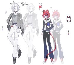  2boys absurdres adapted_costume ahoge animal_charm animal_ear_headphones animal_ears aotsuki_eito armband belt belt_buckle bespectacled black_bag black_belt black_gloves black_hair black_pants black_shoes blue_eyes buckle cat_ear_headphones cat_ears character_charm charm_(object) chinese_text closed_mouth collared_shirt color_guide crossbody_bag drawstring expressionless extra_ears fake_animal_ears fanny_pack full_body glasses gloves grey_hair grey_jacket grey_necktie grey_sweater_vest hair_between_eyes hair_ornament hairclip hand_on_own_hip headphones headphones_around_neck height_difference highres hood hood_down hoodie ice_cream_cone jacket jacket_over_hoodie kemonomimi_mode male_focus multicolored_hair multiple_boys necktie open_clothes open_jacket pants plaid_clothes plaid_necktie pocket purple_ribbon rabbit_charm rabbit_ears red-framed_eyewear red_hair red_shoes ribbon semi-rimless_eyewear shirt shoes short_hair sneakers star_(symbol) star_hair_ornament streaked_hair sumino_takumi sweater_vest teardrop-framed_glasses the_hundred_line_-last_defense_academy- thigh_strap translation_request two-tone_hair violet_eyes white_armband white_background white_hoodie white_pants white_shirt yizooo 