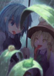  2girls blonde_hair blue_eyes blue_hair blurry brown_hat commentary depth_of_field eye_contact frog garakuraku hair_ribbon hat highres long_hair long_tongue looking_at_another moriya_suwako multiple_girls outdoors purple_vest rain red_eyes red_ribbon ribbon snail tatara_kogasa tongue tongue_out touhou tress_ribbon vest yellow_eyes 