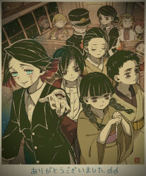  agatsuma_zenitsu akaza_(kimetsu_no_yaiba) apron aqua_eyes asymmetrical_bangs bags_under_eyes bit_gag black_dress black_hair black_hat black_jacket blonde_hair blunt_bangs braid braid_girl_(enmu's_recruits) brown_eyes brown_kimono buttons character_request closed_eyes closed_mouth colored_tips commentary_request curtained_hair demon_boy demon_girl demon_slayer_uniform dress enmu_(kimetsu_no_yaiba) everyone expressionless facial_mark facial_tattoo finger_tattoo frilled_apron frills from_above gag grey_pants grin hair_bun hand_mouth hand_on_window hashibira_inosuke hat highres holding_ice_pick incoming_attack jacket japanese_clothes kamado_nezuko kamado_tanjirou kanji_tattoo karikari_(pixiv42147188) kimetsu_no_yaiba kimono light_particles long_sleeves looking_ahead looking_at_viewer low_twin_braids maid male_focus medium_hair multicolored_hair open_mouth outstretched_arm own_hands_together pants parted_bangs pink_eyes pinstripe_pants pinstripe_pattern purple_sash reaching reaching_towards_viewer rengoku_kyoujurou sash short_hair signature sitting sleeping smile standing suit_jacket symbol-shaped_pupils tattoo tears_facial_mark teeth thick_eyebrows train_interior trap tuberculosis_boy_(enmu's_recruits) twin_braids two-tone_hair undershirt very_short_hair white_apron window yellow_kimono_boy_(enmu's_recruits) 