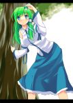 blue_eyes detached_sleeves frog green_hair hair_ornament kochiya_sanae letterboxed long_hair looking_up shading_eyes shigen skirt snake solo touhou tree