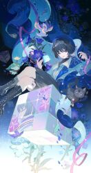  1boy :p absurdres arama_(genshin_impact) aranara_(genshin_impact) ararycan_(genshin_impact) belt beret black_background black_bodysuit black_boots black_cat black_hair black_shorts blue_belt blue_hat blue_shawl blunt_ends bodysuit boots casual cat collared_shirt commentary_request constellation_print contemporary crossed_legs cube dragon durin_(genshin_impact) eyeliner falling_petals feathers fingernails flower fringe_trim full_body genshin_impact hakama hakama_shorts hands_up hat highres japanese_clothes knee_boots lace-up_boots long_eyelashes long_sleeves looking_at_viewer lyodi makeup male_focus mini_durin_(genshin_impact) official_alternate_costume one_eye_closed open_collar petals pink_flower pink_ribbon plant pleated_shorts pom_pom_(clothes) purple_flower purple_petals red_eyeliner red_scarf ribbon rubik's_cube scaramouche_(cat)_(genshin_impact) scaramouche_(genshin_impact) scaramouche_(kabukimono)_(genshin_impact) scarf shawl shirt shorts sitting small_dragon string tongue tongue_out tsurime turtleneck turtleneck_bodysuit violet_eyes wanderer_(genshin_impact) wanderer_(impression)_(genshin_impact) white_shirt white_sleeves white_trim wispy_bangs yellow_feathers 