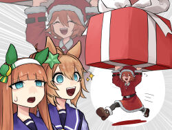  3girls absurdres animal_ears blue_eyes blunt_bangs boots box brown_hair christmas christmas_present closed_eyes collared_dress commentary_request dress ear_covers fur-trimmed_boots fur-trimmed_dress fur-trimmed_sleeves fur_trim gift gift_box hairband hat highres horse_ears horse_girl long_hair long_sleeves matikanefukukitaru_(umamusume) multiple_girls open_mouth orange_hair oversized_object pantyhose ponytail running sanada_ina santa_costume santa_dress santa_hat school_uniform short_hair silence_suzuka_(umamusume) smile sparkle sweat taiki_shuttle_(umamusume) tracen_school_uniform umamusume zoom_layer 