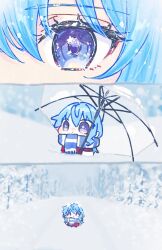  1girl blue_eyes blue_hair blue_scarf chibi coat commentary highres hololive hoshimachi_suisei long_hair outdoors pine_tree scarf side_ponytail snow snow_on_head solo star_(symbol) star_in_eye striped_clothes striped_scarf symbol-only_commentary symbol_in_eye tree two-tone_scarf umbrella virtual_youtuber white_scarf winter winter_clothes winter_coat yaya_(pi63925174) 