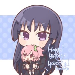  1girl assault_lily black_hair blue_background blush character_doll character_name chibi closed_mouth commentary_request doll hands_up happy highres hitotsuyanagi_riri juliet_sleeves long_hair long_sleeves looking_at_viewer polka_dot polka_dot_background ponokaijo puffy_sleeves school_uniform shirai_yuyu solo standing twitter_username two-tone_background upper_body very_long_hair violet_eyes white_background yurigaoka_girls_academy_school_uniform 