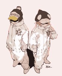  2boys absurdres akuta_ji animal_hat arm_up brown_hair english_text grin hands_in_pockets hat heart_pirates_jolly_roger highres index_finger_raised jumpsuit long_sleeves male_focus multiple_boys one_piece penguin_(one_piece) shachi_(one_piece) shoes short_hair simple_background smile standing white_background white_jumpsuit white_shoes 