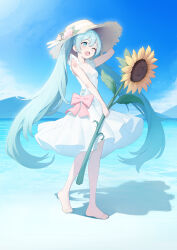  1girl absurdres aqua_bow aqua_eyes aqua_hair arm_up barefoot blue_sky blush bow chinese_commentary clouds collarbone commentary_request day double-parted_bangs dress dress_bow flower frilled_dress frills full_body hair_between_eyes hat hat_flower hatsune_miku highres holding holding_flower holding_plant irain long_hair mountainous_horizon number_tattoo ocean one_eye_closed open_mouth outdoors pink_bow pink_flower pink_rose plant rose shadow shoulder_tattoo sky sleeveless sleeveless_dress solo straw_hat sun_hat sundress sunflower tattoo teeth toes twintails upper_teeth_only very_long_hair vocaloid walking water white_dress yellow_hat 
