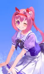  1girl animal_ears blush bow bowtie breasts commentary_request ear_bow ear_covers flower-shaped_pupils flower_in_eye grin hairband haru_urara_(umamusume) headband highres horse_ears horse_girl inishie_kumo long_hair looking_at_viewer one_eye_closed open_mouth pink_eyes pink_hair pink_headband ponytail puffy_short_sleeves puffy_sleeves purple_bow purple_bowtie purple_shirt red_headband sailor_collar sailor_shirt school_uniform shirt short_sleeves skirt smile solo symbol-shaped_pupils symbol_in_eye teeth tracen_school_uniform umamusume white_sailor_collar white_skirt 