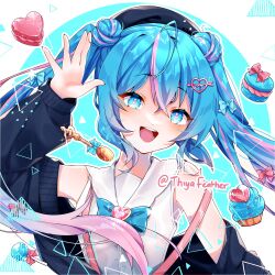 1girl ahoge black_hat blue_bow blue_eyes blue_hair bow candy commentary corrupted_twitter_file cupcake double_bun english_commentary food hair_bow hair_bun hair_ornament hat hatsune_miku heart heart-shaped_gem heart-shaped_pupils heart_hair_ornament highres lollipop long_sleeves macaron multicolored_hair open_mouth pink_bow pink_hair pink_pupils solo spoon streaked_hair suspenders symbol-shaped_pupils thiya_feather twintails twitter_username upper_body vocaloid
