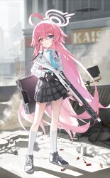  1girl absurdres ahoge beretta_1301 blue_archive blue_eyes blue_necktie debris english_commentary fang gun hair_between_eyes halo heterochromia highres hoshino_(blue_archive) huge_ahoge long_hair long_sleeves necktie pink_hair pink_halo pleated_skirt pump_action shell_casing shield shield_on_back shirt shotgun skin_fang skirt smile socks solo very_long_hair weapon white_shirt white_socks y1c6 yellow_eyes 