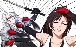  1boy 1girl azezazel bare_shoulders black_coat black_hair black_sleeves clenched_teeth closed_eyes coat collarbone detached_sleeves earrings emphasis_lines english_commentary final_fantasy final_fantasy_vii final_fantasy_vii_remake gloves grey_hair hand_in_own_hair hand_on_own_head holding holding_sword holding_weapon jewelry jujutsu_kaisen long_hair meme motion_blur naoya_hitting_choso_without_looking_(meme) parody parted_bangs parted_lips pink_lips punching rapid_punches red_gloves sephiroth single_earring sword tank_top teeth tifa_lockhart upper_body weapon white_tank_top 