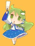  armpits chibi detached_sleeves frog gohei green_eyes green_hair hair_ornament highres kochiya_sanae mota open_mouth simple_background snake solo touhou 