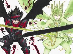  2boys alternate_eye_color alternate_form alternate_hair_color armor asta_(black_clover) black_armor black_clover black_hair black_horns crown green_hair green_jacket green_pants grin highres holding holding_sword holding_weapon horns jacket looking_at_viewer multiple_boys official_alternate_costume official_art pants red_eyes sharp_teeth short_hair simple_background smile sword tabata_yuuki teeth weapon white_background yuno_(black_clover) 
