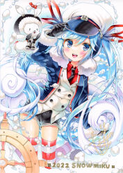  1girl aqua_eyes aqua_hair black_coat black_gloves black_necktie black_shorts blush character_name coat commentary_request crab fur-trimmed_coat fur-trimmed_sleeves fur_trim gloves gradient_hair hair_between_eyes hair_ornament hair_ribbon hat hatsune_miku heart heart_in_eye highres jacket long_hair long_sleeves looking_at_viewer marker_(medium) motage_illust multicolored_hair necktie official_alternate_costume official_alternate_hairstyle open_mouth rabbit rabbit_yukine red_hair red_ribbon red_shirt ribbon sailor_hat shirt short_shorts shorts smile snowflake_print striped_clothes striped_thighhighs symbol_in_eye thick_thighs thigh-highs thighs traditional_media twintails very_long_hair vocaloid white_hair white_jacket yuki_miku yuki_miku_(2022) zettai_ryouiki 