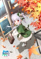  1girl :d absurdres autumn_leaves black_shoes blurry blurry_foreground bow briefcase building capelet depth_of_field door dress frilled_dress frills green_bow green_capelet green_hat grey_hair hat highres holding isekai_ni_tobasaretara_papa_ni_nattandaga leaf long_hair long_sleeves maple_leaf menu_board mini_hat mini_top_hat official_art orurea_(isepapa) pantyhose puffy_long_sleeves puffy_sleeves red_eyes sable_mint shoes smile solo tilted_headwear top_hat twintails very_long_hair white_dress white_pantyhose window 