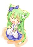  1girl ^_^ animal_ears blush bow cat_ears cat_tail chibi closed_eyes detached_sleeves dress frog green_hair hair_bow hair_ornament highres kemonomimi_mode kochiya_sanae long_hair midriff navel open_mouth ribbon skirt smile snake solo tail touhou yuuhagi_(amaretto-no-natsu) yuushuu_(amaretto) 