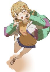  1girl ;d bad_id bad_twitter_id black_ribbon blonde_hair blush braid fang fujita_kotone full_body gakuen_idolmaster green_jacket hair_ornament hair_ribbon hands_up highres idolmaster jacket long_hair long_sleeves looking_at_viewer low_twin_braids maiko_(machael89642677) miniskirt multicolored_jacket one_eye_closed open_clothes open_jacket orange_shoes plaid_clothes plaid_skirt print_shirt purple_jacket purple_skirt ribbon shadow shirt shoes simple_background skin_fang skirt smile sneakers socks solo standing standing_on_one_leg twin_braids white_background white_jacket white_socks yellow_eyes yellow_shirt 