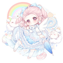  absurdres blue_bow blue_dress blue_umbrella bow bow_earrings bowtie chinese_commentary choker circle circle_skirt closed_mouth closed_umbrella cloud_reverie_(infinity_nikki) clouds commentary_request cracker creature cupcake dot_nose doughnut dress dress_bow earrings expressionless eyelashes floating_clothes food footwear_bow forehead frilled_choker frilled_sleeves frilled_socks frilled_umbrella frills hair_bow hair_ornament hand_on_own_shoulder heart heart_hair_ornament highres holding holding_umbrella infinity_nikki jewelry lace-trimmed_dress lace_trim large_bow light_blush light_frown lolita_fashion long_hair long_sleeves medium_dress nikki_(series) nuli_de_chengzhi_er over-kneehighs petticoat pink_bow pink_eyes pink_hair pink_shoes pom_pom_(clothes) pom_pom_earrings rain rainbow ringlets shoes socks sparkle square_neckline tareme thigh-highs two_side_up umbrella wavy_hair white_background white_bow white_bowtie white_choker white_sleeves white_socks 