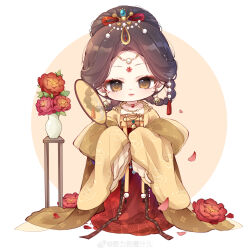 1girl absurdres beads border bow braid braided_hair_rings brown_eyes brown_hair chibi chinese_clothes chinese_commentary circlet closed_mouth commentary_request dot_nose eyelashes eyeliner facial_mark falling_petals floral_print flower flower_facial_mark flower_symbol forehead_mark frilled_sleeves frills full_body hair_beads hair_bun hair_ornament hair_ribbon hair_rings hand_fan hanfu happy highres holding holding_fan light_blush light_smile lipstick long_sleeves looking_at_viewer makeup miracle_nikki nikki_(series) nuli_de_chengzhi_er orange_background outside_border peony_(flower) petals pink_lips red_eyeliner red_flower red_hanfu red_ribbon ribbon robe round_border short_hair single_hair_bun sleeves_past_fingers sleeves_past_wrists solo stately_grace_(miracle_nikki) tassel tassel_hair_ornament tsurime tuanshan updo vase watermark weibo_watermark white_border wide_sleeves yellow_bow yellow_robe 