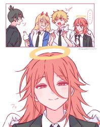  ... 1girl 3boys angel_devil_(chainsaw_man) black_hair black_jacket black_necktie blonde_hair blue_jacket blush chainsaw_man collared_shirt demon_girl denji_(chainsaw_man) earrings food food_on_face hair_between_eyes halo hayakawa_aki highres holding holding_ice_cream_cone horns ice_cream_cone jacket jewelry long_hair multiple_boys nana_(eegm4275) necktie open_mouth orange_eyes ponytail power_(chainsaw_man) red_eyes red_hair red_horns sharp_teeth shirt short_hair short_ponytail sleeves_rolled_up smile spoken_ellipsis suit_jacket teeth traditional_halo twitter_username upper_body white_background white_shirt 