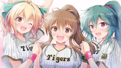 3girls alternate_costume arm_up baseball_jersey blonde_hair brown_eyes brown_hair cinderella_series commentary_request commission fang gradient_background green_hair hachigatsu_no_cinderella_nine hair_between_eyes hair_ribbon hand_on_another's_shoulder hanshin_tigers hiiragi_kotoha holding_hands jersey long_hair looking_at_viewer multiple_girls one_eye_closed open_mouth ponytail ribbon shiina_yukari_(hachigatsu_no_cinderella_nine) shirt shizuna_kaede short_sleeves simple_background skeb_commission striped_clothes striped_shirt takanashi_yuzu upper_body violet_eyes wristband 