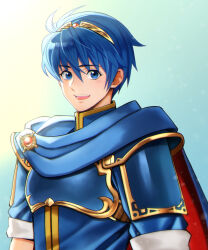  1boy armor blue_armor blue_cape blue_hair blue_shirt blush breastplate cape commentary_request fire_emblem highres homa_kura looking_at_viewer male_focus marth_(fire_emblem) open_mouth shirt sleeves_rolled_up smile upper_body 