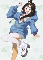  1girl absurdres black_hair blue_hoodie blush boots breasts choker commentary_request cube_hair_ornament earclip grey_eyes hair_ornament highres holding holding_poke_ball hood hood_down hoodie jacket leggings lida_(pokemon) long_hair long_sleeves looking_at_viewer mega_ring open_mouth orange_leggings poke_ball poke_ball_(basic) pokemon pokemon_legends:_z-a ribbed_socks shirt small_breasts smile socks solo teeth topknot two-tone_legwear umezu_8989 white_boots white_choker white_leggings wispy_bangs 