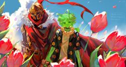  1boy 1other ambiguous_gender antennae armor averythemayo black_shirt blue_sky cape colored_skin commentary cowboy_shot d3rlord3 day english_commentary falling_petals floral_print flower flower_necklace fur_trim galea_helmet green_skin highres jewelry looking_at_viewer meadow monster_boy necklace outdoors painterly petals red_cape rymar_art searching_for_a_world_that_doesn't_exist shirt sky slime_boy smile 