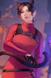  1girl ada_wong animal_ears black_gloves black_hair breasts brown_eyes cat_ears cat_girl cat_tail chest_harness claws cowboy_shot dbox_2525 dress gloves harness highres kemonomimi_mode looking_at_viewer medium_breasts parted_bangs parted_lips red_dress resident_evil resident_evil_4 ribbed_dress short_hair solo sweater sweater_dress tail turtleneck turtleneck_dress 