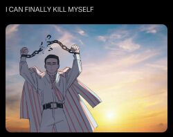  1boy arms_up belt black_belt black_eyes black_hair broken broken_chain chain chains_of_others_(e.g.o) clenched_hands clouds coat coat_on_shoulders collared_shirt commentary cowboy_shot cuffs e.g.o_(project_moon) english_commentary facing_viewer hair_slicked_back half-closed_eyes handcuffs highres jitome limbus_company looking_at_viewer male_focus man_breaking_chains_(meme) meme meursault_(project_moon) pants project_moon shirt sky solo striped_coat sunset twitter wenli white_coat white_pants white_shirt 