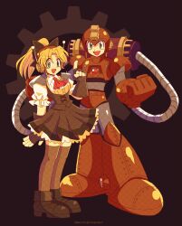  1boy 1girl absurdres black_dress black_gloves black_thighhighs blonde_hair brother_and_sister brown_armor brown_background brown_helmet chest_jewel clenched_hands dress fingerless_gloves full_body gears gloves green_eyes helmet high_ponytail highres mega_man_(character) mega_man_(classic) mega_man_(series) open_mouth ponytail retro_fighting_robot roll_(mega_man) siblings simple_background steampunk thigh-highs 