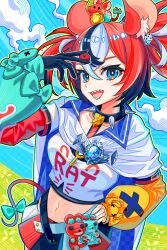  1girl animal_ear_fluff animal_ears asymmetrical_sleeves black_gloves black_hair black_streaks blue_eyes bow breasts brooch cape cheese choker cloak clouds commentary detached_sleeves dice dice_hair_ornament double-parted_bangs enigmatic_recollection field food gloves hair_between_eyes hair_ornament hakos_baelz hakos_baelz_(1st_costume) highres holding holding_dice hololive hololive_english jewelry key looking_at_viewer medium_breasts midriff mouse_ears mouse_tail mr._squeaks_(hakos_baelz) multicolored_hair multicolored_skirt navel open_mouth red_hair seekorplatypus sharp_teeth single_glove skirt sky spiked_choker spikes standing tail tail_bow tail_ornament teeth thigh_strap twintails two-sided_cloak two-sided_fabric uneven_twintails virtual_youtuber white_cloak white_hair 