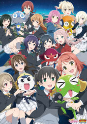  6+girls asaka_karin belt black_eyes black_hair blonde_hair blue_eyes brown_hair copyright_name dororo_(keroro_gunsou) emma_verde frog giroro glasses green_eyes grey_hair hat headphones highres keroro keroro_gunsou konoe_kanata kururu_(keroro_gunsou) long_hair looking_at_viewer love_live! love_live!_nijigasaki_high_school_idol_club mask mia_taylor mifune_shioriko miyashita_ai mouth_mask multiple_girls nakasu_kasumi ninja_mask official_art osaka_shizuku purple_hair red_eyes red_hair ribbon school_uniform short_hair star_(symbol) takasaki_yu tamama tennoji_rina uehara_ayumu yellow_eyes yuki_setsuna zhong_lanzhu 