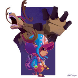  1boy absurdres alternate_form antlers backpack bag blue_nose commentary cross english_commentary glint hashtag hat highres holding hood horns inktober male_focus msudrawings one_piece open_mouth pink_hat reindeer_antlers syringe tony_tony_chopper 