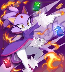  1girl animal_ears artist_name blaze_the_cat cat_ears cat_girl cat_tail commentary english_commentary fire forehead_jewel fur-trimmed_shoes furry furry_female gloves highres jacket looking_at_viewer ponytail purple_fur purple_jacket shadsonline smile sol_emerald sonic_(series) tail white_gloves yellow_eyes 