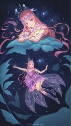  1girl arm_ribbon artist_name barefoot black_background circlet closed_mouth colored_extremities colored_skin commentary cropped_torso dress english_commentary eyelashes fairy fairy_wings fireflies flower_dress forest_ripple_(infinity_nikki) full_body happy highres infinity_nikki jewelry leaf light_particles lipstick long_hair low_wings makeup multiple_views nao_(sprinkanao) necklace nikki_(series) official_alternate_color open_mouth pink_hair pink_lips pink_wings purple_dress purple_ribbon purple_skin ribbon short_dress smile toes transparent_wings very_long_hair violet_eyes wavy_hair wings 