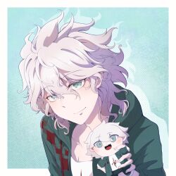  1boy character_doll commentary_request danganronpa_(series) danganronpa_2:_goodbye_despair doll green_jacket grey_eyes hair_between_eyes highres holding holding_doll jacket komaeda_nagito looking_at_viewer male_focus medium_hair messy_hair open_clothes open_jacket print_shirt qiyi_7117 shirt short_hair smile white_background white_shirt 