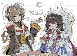  2girls arm_ribbon arm_support bare_shoulders black_bow black_dress black_hair black_hairband black_sleeves blue_eyes blunt_bangs blush bow braid breasts brown_hair cake cake_slice chair checkered_background closed_eyes collarbone columbina_(genshin_impact) covered_mouth crescent croissant cup detached_collar detached_sleeves dress eating english_commentary english_text feathered_wings food frills fruit gem genshin_impact gloves gradient_hair hair_bow hair_bun hair_ornament hair_tubes hairband hand_up hands_up happy_birthday head_wings holding holding_food holding_tray icing jewelry key koooooo63532680 lapels long_hair long_sleeves looking_at_another medium_breasts multicolored_hair multiple_girls multiple_wings off-shoulder_dress off_shoulder on_chair one_eye_closed open_mouth pendant plate purple_hair red_gem ribbon sandrone_(genshin_impact) short_hair_with_long_locks single_braid sitting sleeveless sleeveless_dress smile sparkle standing star_(symbol) strapless strapless_dress strawberry table teacup tray two-tone_dress two-tone_hair v-shaped_eyebrows white_background white_bow white_dress white_gloves white_headdress wide_sleeves wing_collar wings x_hair_ornament 