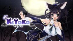  1girl 2000s_(style) absurdres animal_ears bat_(animal) bat_ears bat_girl bat_wings black_hair black_necktie blue_corset blue_dress blunt_bangs braid braided_hair_rings brooch character_name corset crown detached_sleeves dress fang faux_retro_artstyle frilled_dress frills full_moon gothic_lolita grey_eyes hair_ornament hair_rings highres idoloid jewelry kiyoko_(utau) logo lolita_fashion looking_at_viewer low_wings mini_crown moon necktie night non-web_source official_art open_mouth outdoors short_hair sicklysiren skin_fang sky sleeveless sleeveless_dress solo standing star_(sky) starry_sky tree utau wing_hair_ornament wings 