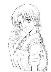  1girl braid commentary_request greyscale harukaze_koucha hoshina_tomoko long_hair looking_at_viewer monochrome over-rim_eyewear sailor_collar school_uniform semi-rimless_eyewear serafuku simple_background single_braid solo to_heart to_heart_(series) unworn_eyewear 