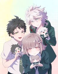  1girl 2boys :d absurdres ahoge black_jacket breast_pocket brown_eyes brown_hair brown_skirt character_doll closed_mouth commentary_request danganronpa_(series) danganronpa_2:_goodbye_despair doll dress_shirt flipped_hair green_jacket green_necktie grey_eyes hair_between_eyes hair_ornament highres hinata_hajime holding holding_doll jacket komaeda_nagito long_sleeves looking_at_viewer lower_teeth_only male_focus medium_hair messy_hair multiple_boys nanami_chiaki necktie open_clothes open_jacket pink_eyes pleated_skirt pocket print_shirt qiyi_7117 shirt short_hair skirt smile teeth tongue upper_body white_background white_shirt 
