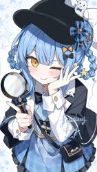  1girl ;) bag blue_bow blue_hair blue_skirt blush bow braid braided_hair_rings capelet closed_mouth hair_bow hair_rings hand_on_own_face hat highres holding long_sleeves looking_at_viewer magnifying_glass mahou_shoujo_no_majo_saiban necktie one_eye_closed plaid_clothes plaid_skirt shirt signature skirt smile solo tachibana_sherry twin_braids white_shirt yellow_eyes zhipian_eli 