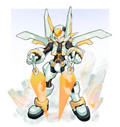  2019 armor artist_name bodysuit boots border commentary energy_sword english_commentary forehead_jewel full_body fusion gloves gradient_background helmet highres holding holding_weapon legs_apart mechanical_wings mega_man_(series) mega_man_zx mega_man_zx_advent model_h_(mega_man) model_w_(mega_man) nakayama_tooru_(style) official_style orange_eyes power_armor signature standing sword tomycase toyu weapon white_armor white_border white_helmet wings 