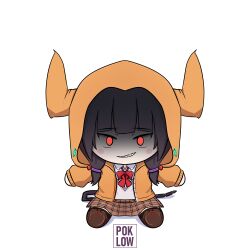  1girl a-pose artist_logo asakura_karen_(heaven_burns_red) bilingual_commentary black_hair blunt_bangs blush_stickers bow bowtie brown_skirt chibi chibi_only collared_shirt commentary demon_horns demon_tail fake_horns full_body fumo_(doll) glowing glowing_eyes grin heaven_burns_red highres hood hood_up hooded_jacket horned_hood horns jacket logo long_hair long_sleeves looking_at_viewer mixed-language_commentary open_clothes open_jacket orange_jacket plaid_clothes plaid_skirt poklow red_bow red_bowtie red_eyes school_uniform sharp_teeth shirt simple_background sitting skirt smile smirk solo tail teeth tsurime twintails vest white_background white_shirt 