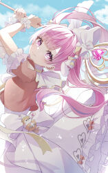  1girl absurdres back_bow blue_sky bow clouds commentary_request cowboy_shot crop_top eyelashes hair_bow heart heart-shaped_pupils highres holding holding_staff incoming_attack layered_skirt long_hair looking_at_viewer ootori_emu pink_hair project_sekai red_shirt shirt skirt sky solo staff symbol-shaped_pupils wanderlands_k white_bow white_skirt white_wrist_cuffs wrist_cuffs 